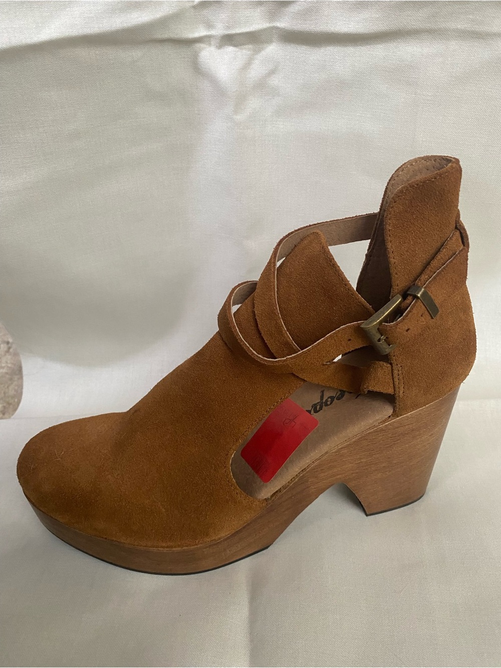 Free People Cedar Clogs Brown Suede Wooden Heel w/ Ankle Strap